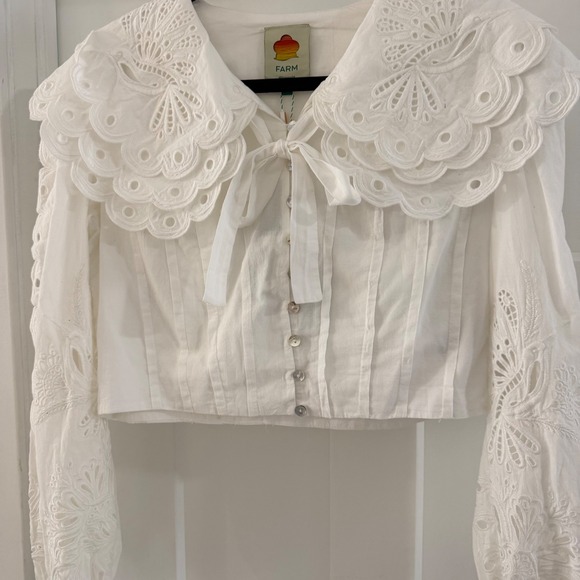 Farm Rio Off-White Richelieu Big Collar Blouse Cropped Eyelet Top Size medium - Picture 2 of 8